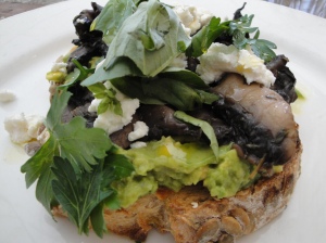 Smashed avocado with thyme buttered mushrooms