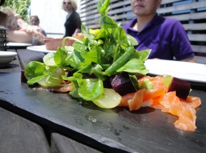 Sashimi, grape, beetroot and avocado salad