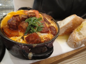 Baked eggs with chorizo, tomatoes, spinach